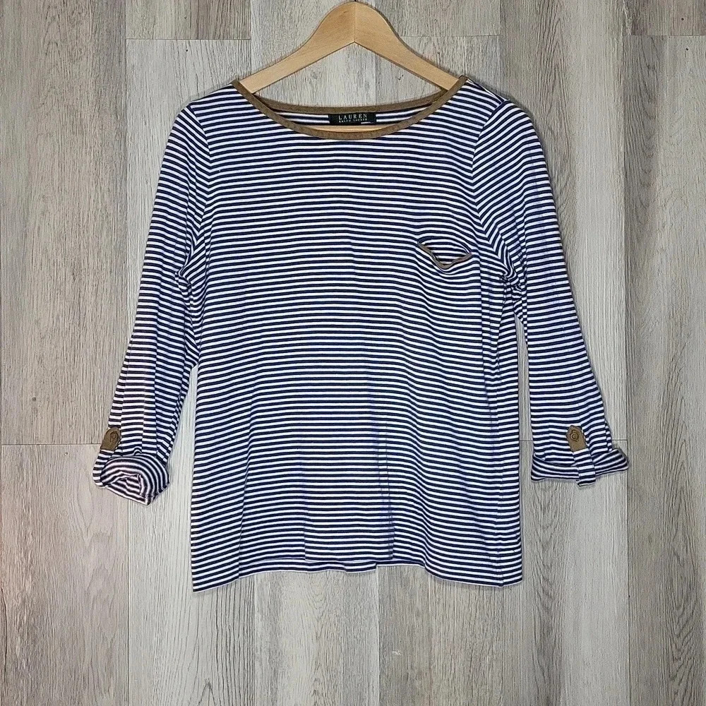 Lauren Ralph Lauren Blue White Stripe Roll Tab‎ Sleeve Casual Womens Size Large